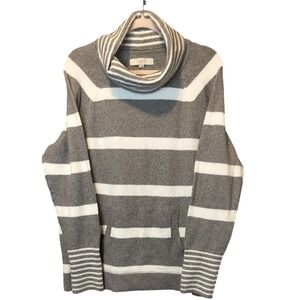 Loft Gray White Stripe Cowl Neck Front Pocket Long Sleeve Pullover Sweater XL‎